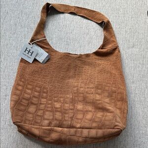 Haute Hippie Tan Brown Croc-Embossed Tote. Festival suede hobo bag NWT